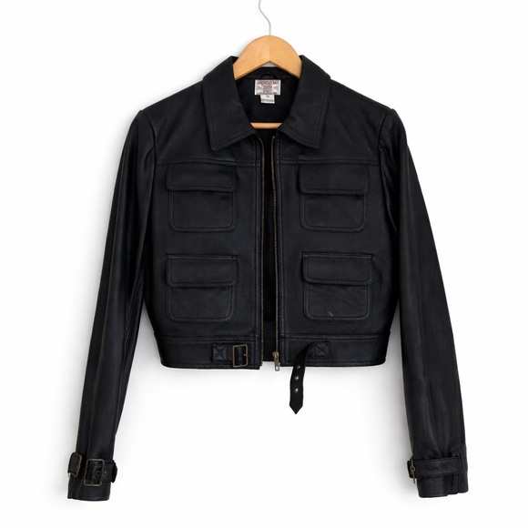American Rag Black Genuine Leather Jacket Women’s Size Medium Moto Cropped Belt - Picture 9 of 10